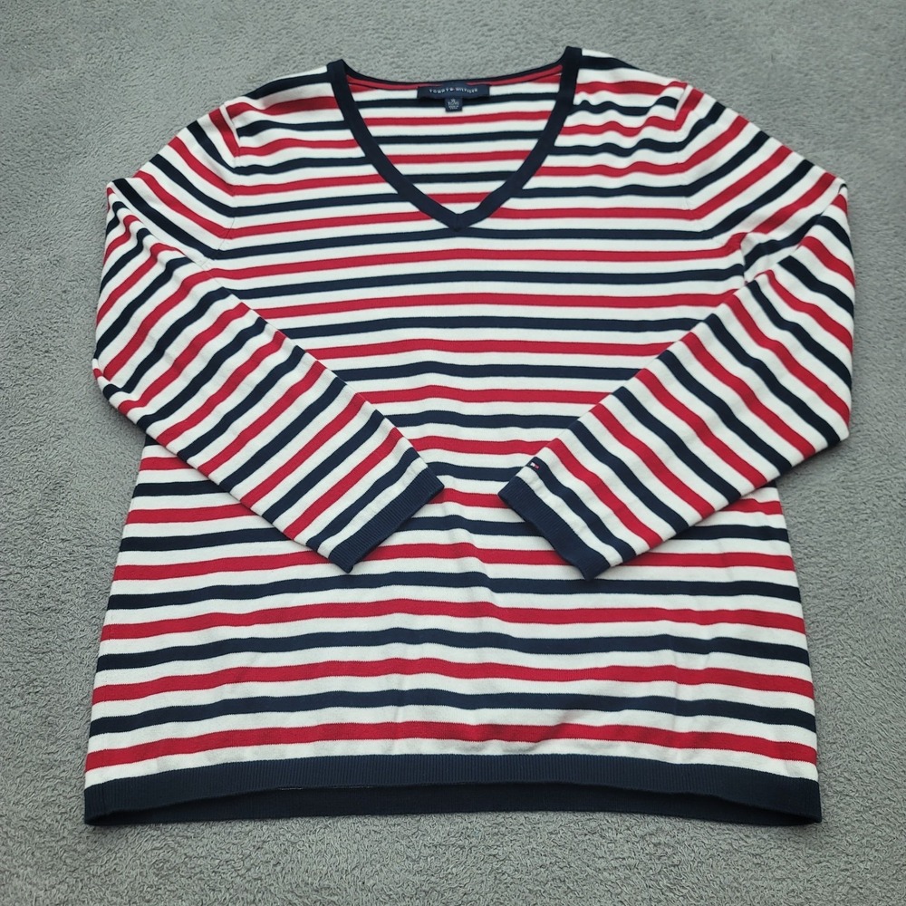 Tommy Hilfiger Womens XL V-Neck Sweater Red Blue Striped Cotton Pullover